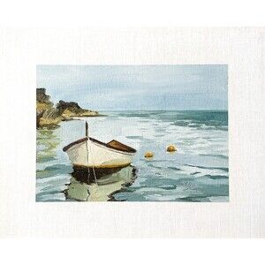 8x10 Original Oil Painting Nautical Seascape Harbor Boat Blue Water Art Signed